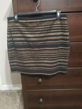 Express Black Mini Skirt with Gold Stripe Pattern